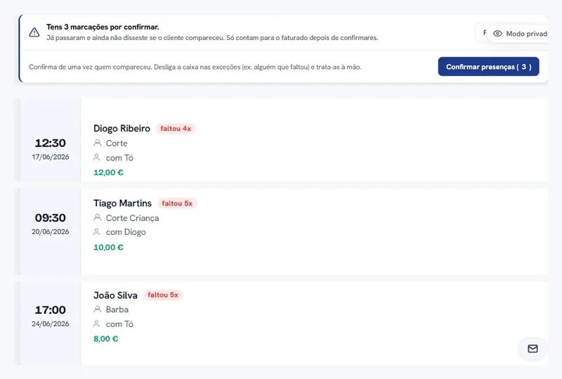 Agenda da app a mostrar marcações por confirmar e a etiqueta de faltas de cada cliente