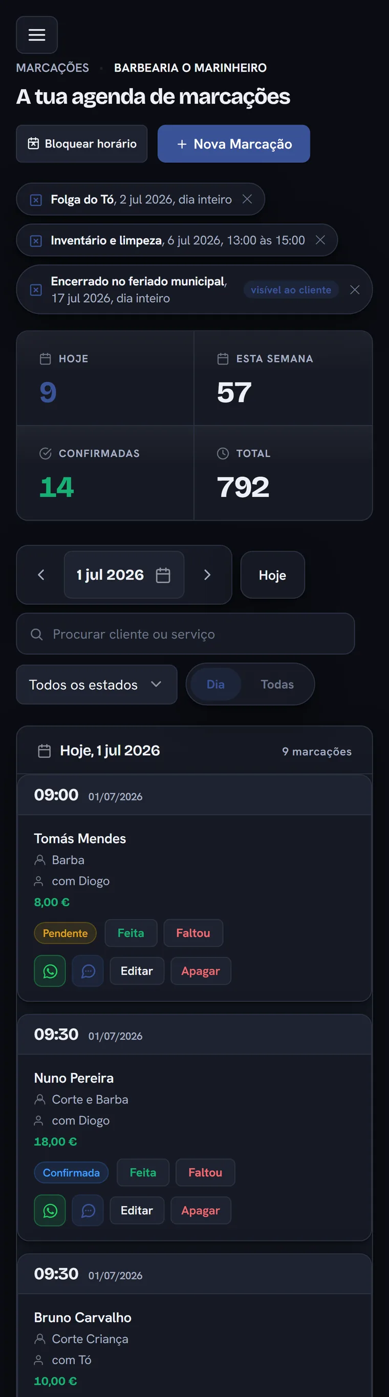 Agenda do dia de uma barbearia na app, com marcações, preços e estado