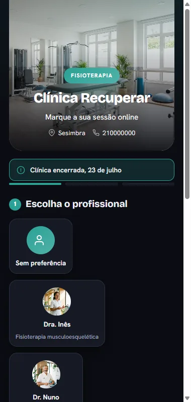 Página de marcações de clínica de fisioterapia