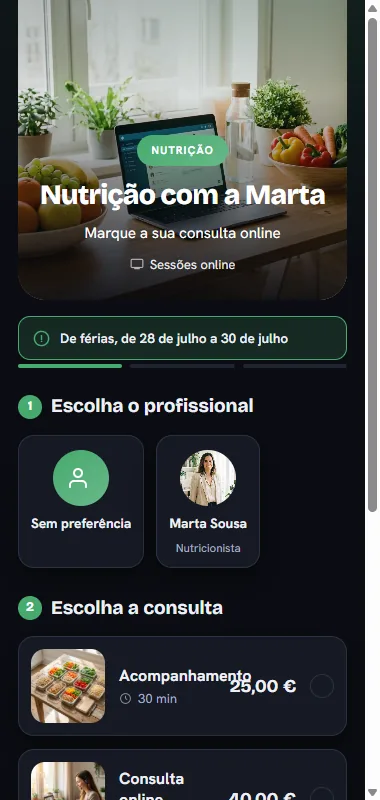 Página de marcações de nutrição online